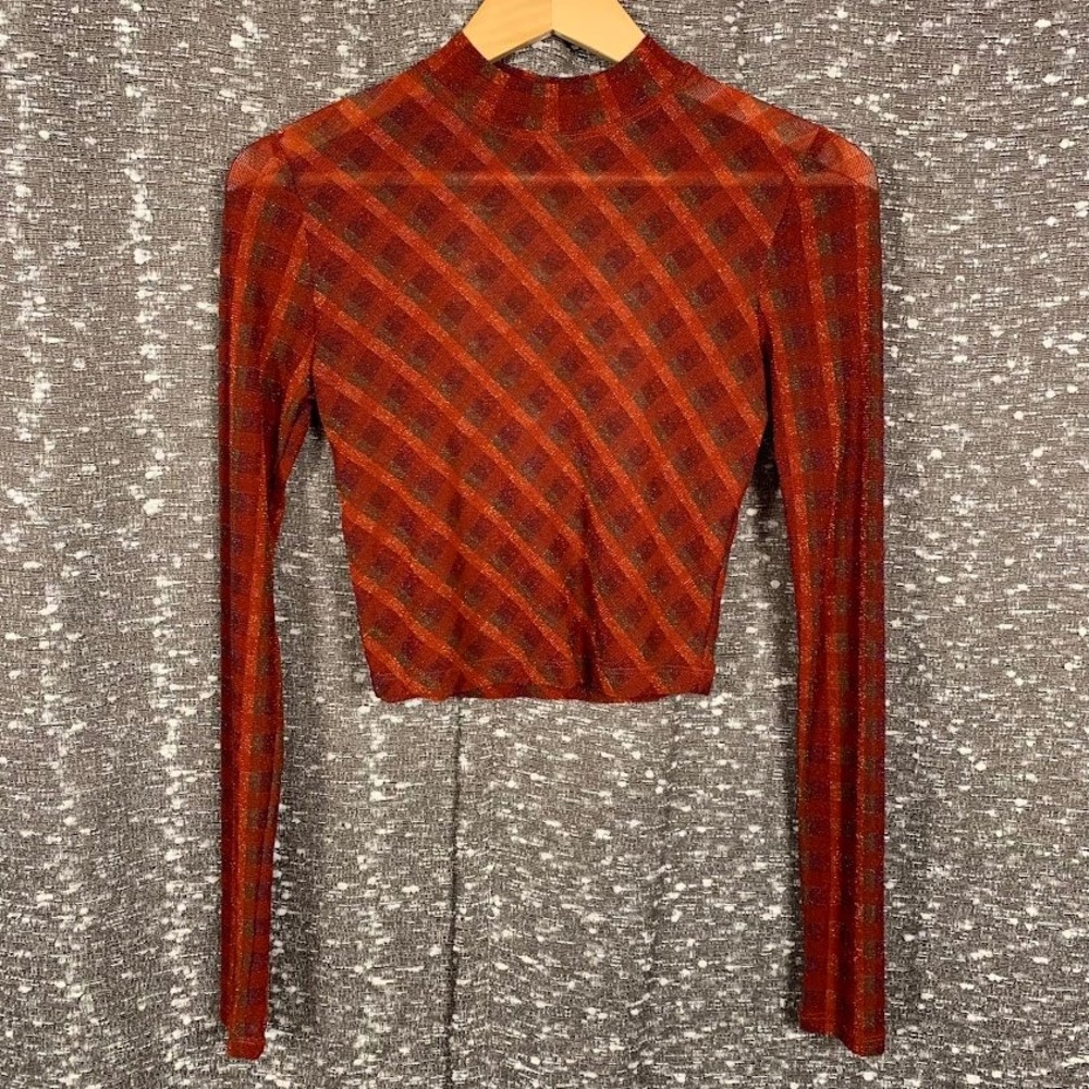 Urban Outfitters Red Plaid Mesh Mock Neck Crop Top Open Back Women's Small